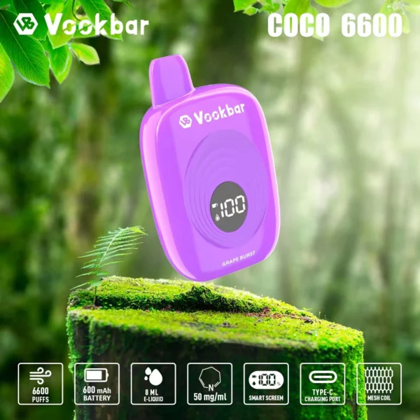 Vookbar Coco 6600 Puffs Digital Smart Screen 3% Перезаряжаемая одноразовая ручка для электронных сигарет с низким содержанием никотина. Купить оптом - BeerVape - 6