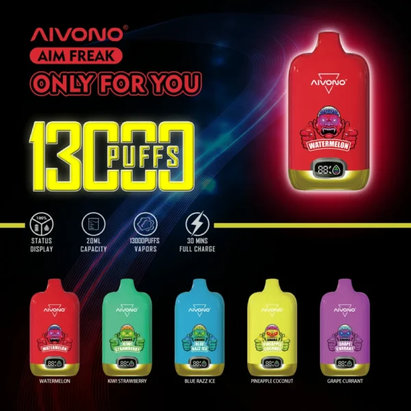 AIVONO AIM FREAK 13000 Puffs Цифровой экран 0% 2% 3% 5% Перезаряжаемые одноразовые ручки для электронных сигарет с низким содержанием никотина Купить оптом - BeerVape - 1